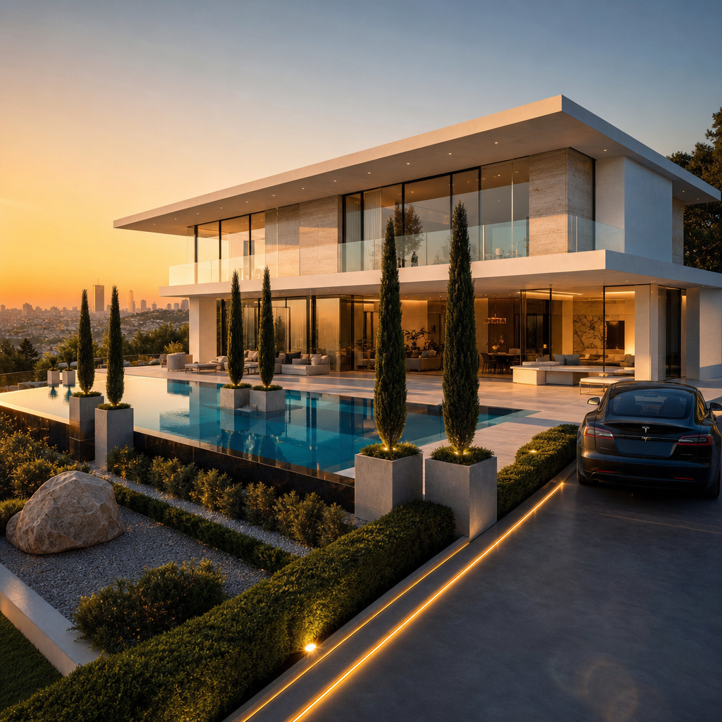 Ultra-luxury modern villa with infinity pool and city skyline at golden hour